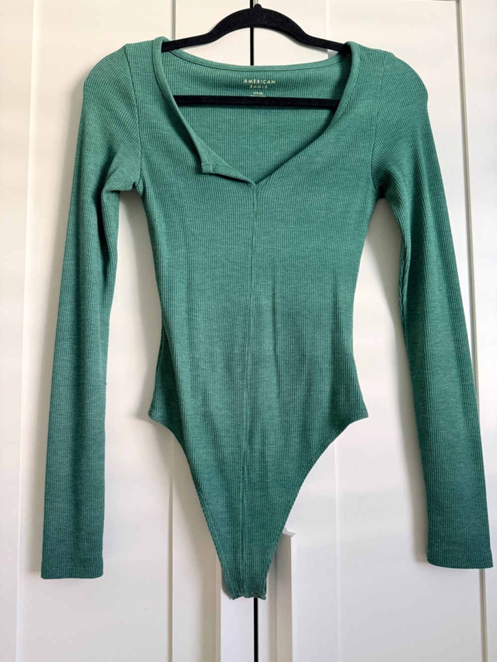 American Eagle Outfitters Teal Ribbed V-Neck Long-Sleeve Bodysuit